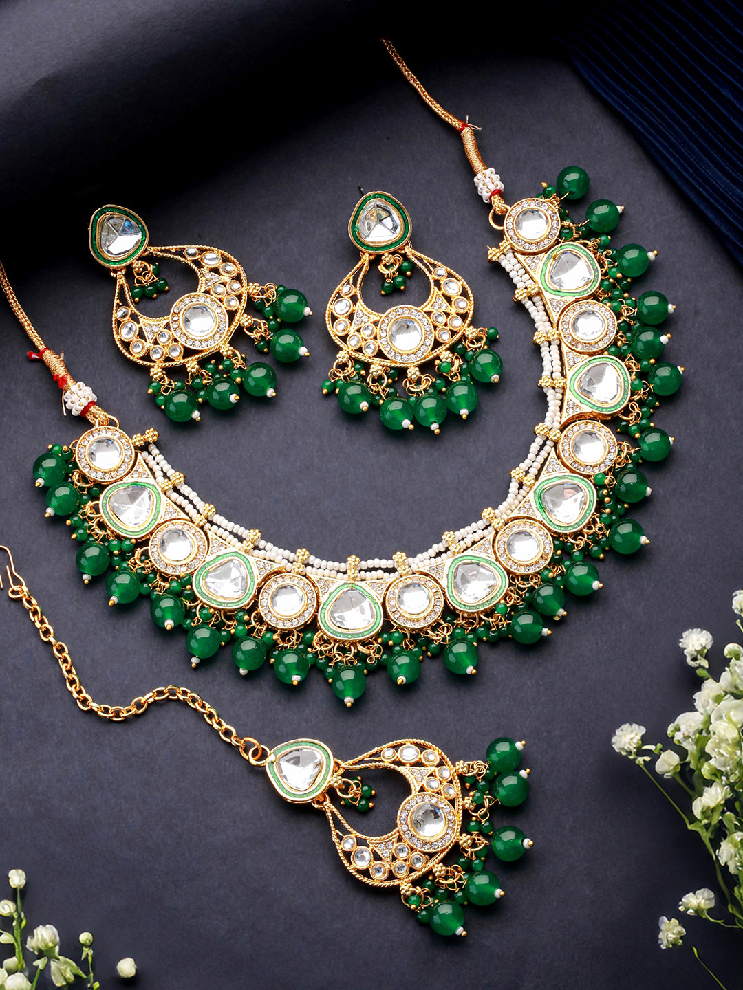 Gold-Plated Green & White Kundan-Studded & Beaded Handcrafted Jewelry Set With Maangtikka