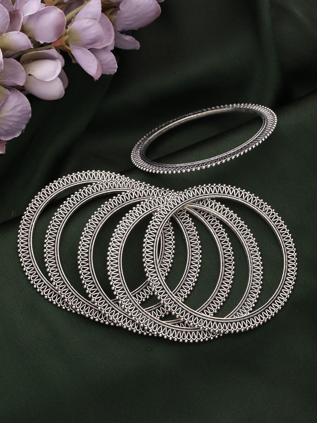Jazz And Sizzle Set of 6 Oxidised Silver-Plated Oxidised Bangles Set