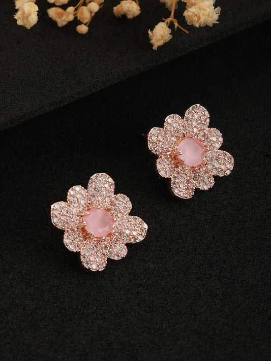 Rose Gold Plated & Pink AD-Studded Floral Studs Earrings - Jazzandsizzle