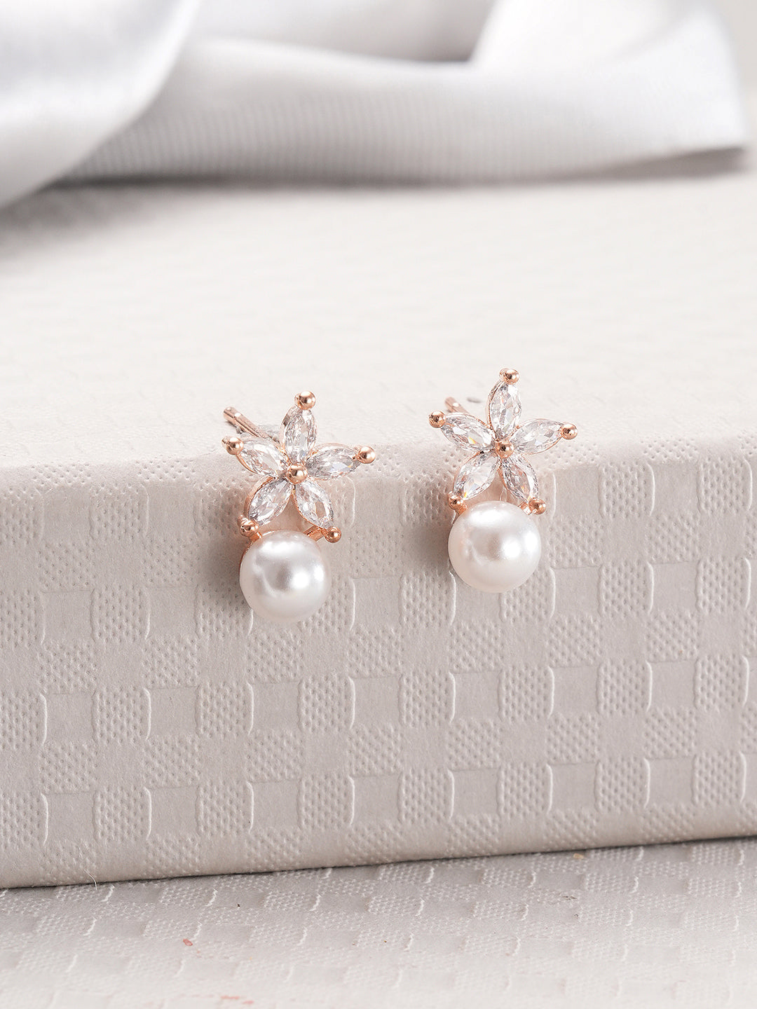 Jazz And Sizzle Rose Gold-Plated Floral Shaped Pearl Studded Drop Earrings
