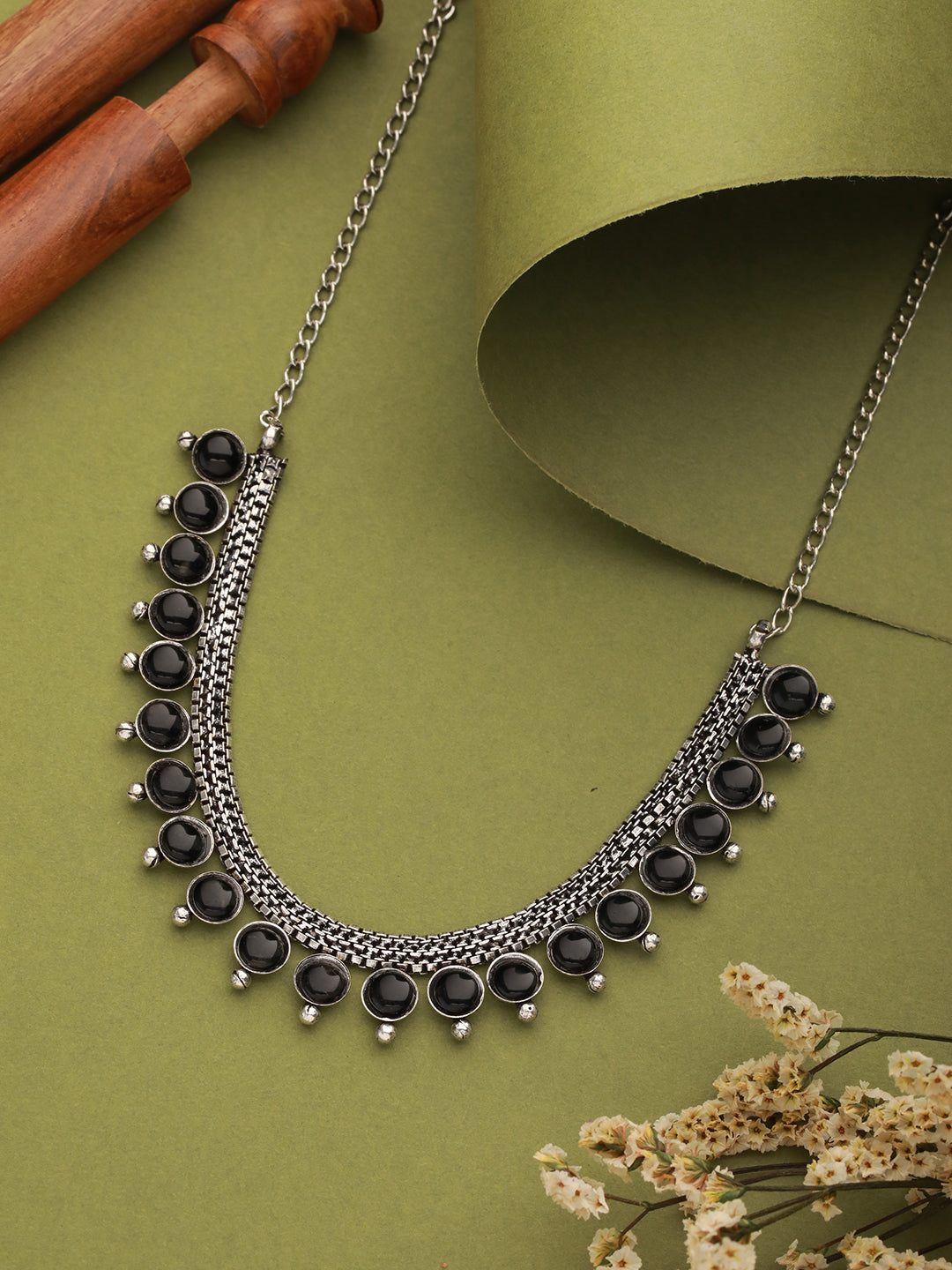 Silver Plated Black Stone Studded Oxidised Necklace - Jazzandsizzle