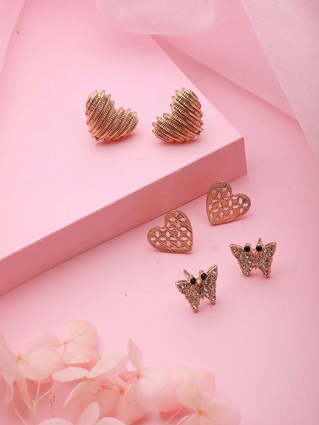 Set of 3 Gold-Plated Heart Shaped Stud Earrings - Jazzandsizzle