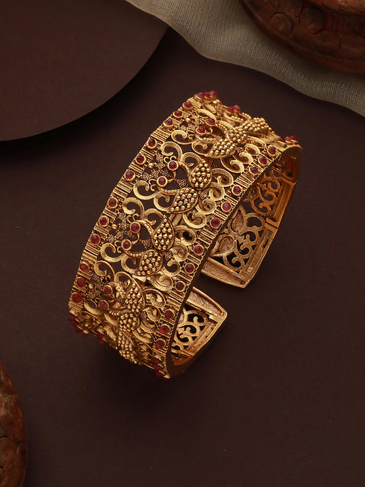 Gold-Toned & Red Handcrafted Gold-Plated Bangle-Style Bracelet - Jazzandsizzle