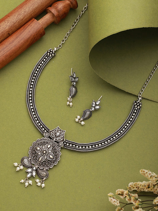 White Silver-Plated Oxidised Stone-Studded Floral Jewellery Set - Jazzandsizzle