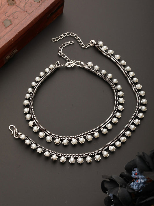 Set of 2 Silver-Plated & Handcrafted Pearl Anklets - Jazzandsizzle