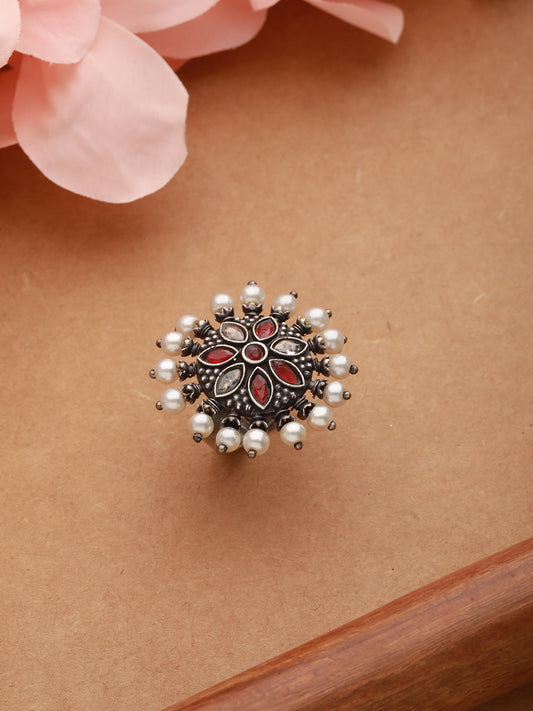 Oxidized Silver-Plated Red & White Stone-Studded & Pearl Adjustable Finger Ring - Jazzandsizzle