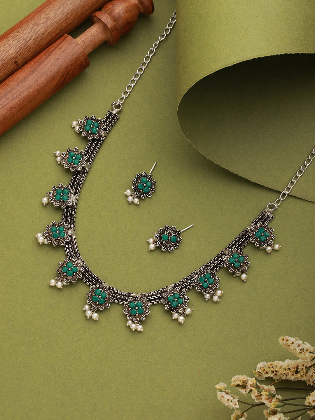 Silver Plated Green Stone Studded & Pearl Beaded Oxidised Jewellery Set - Jazzandsizzle