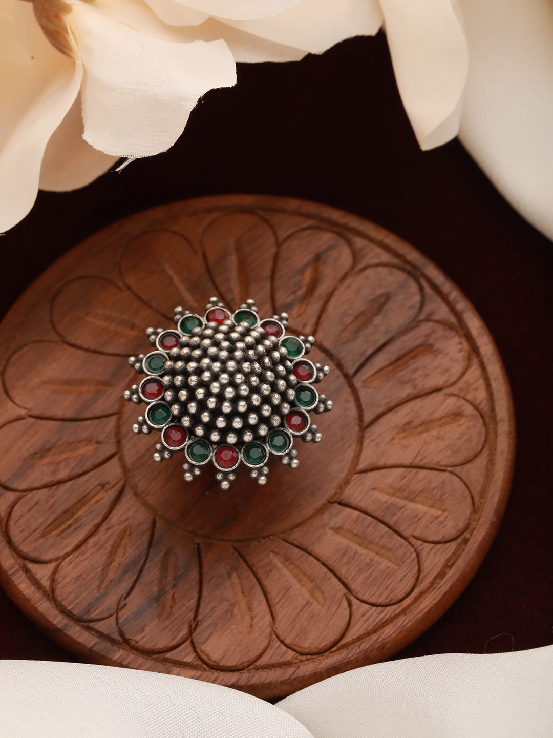 Oxidised Silver-Toned Red & Green Stone-Studded Adjustable Finger Ring - Jazzandsizzle