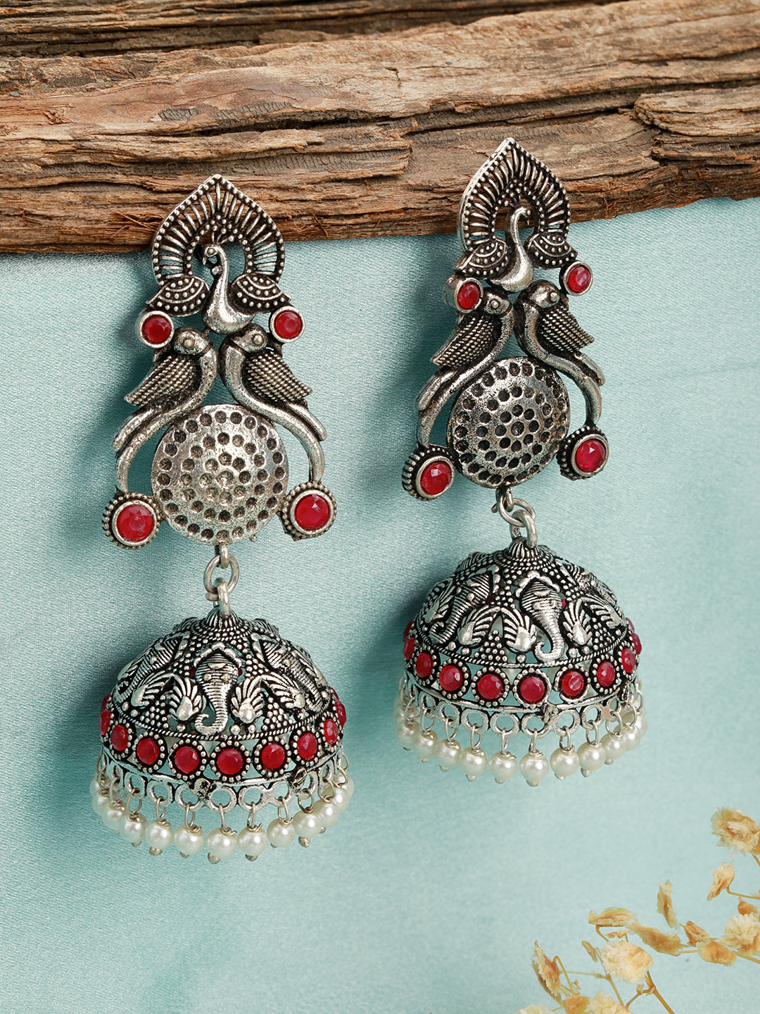 Red Stone Studded & Pearl Beaded Peacock Shaped Temple Jhumka Earrings