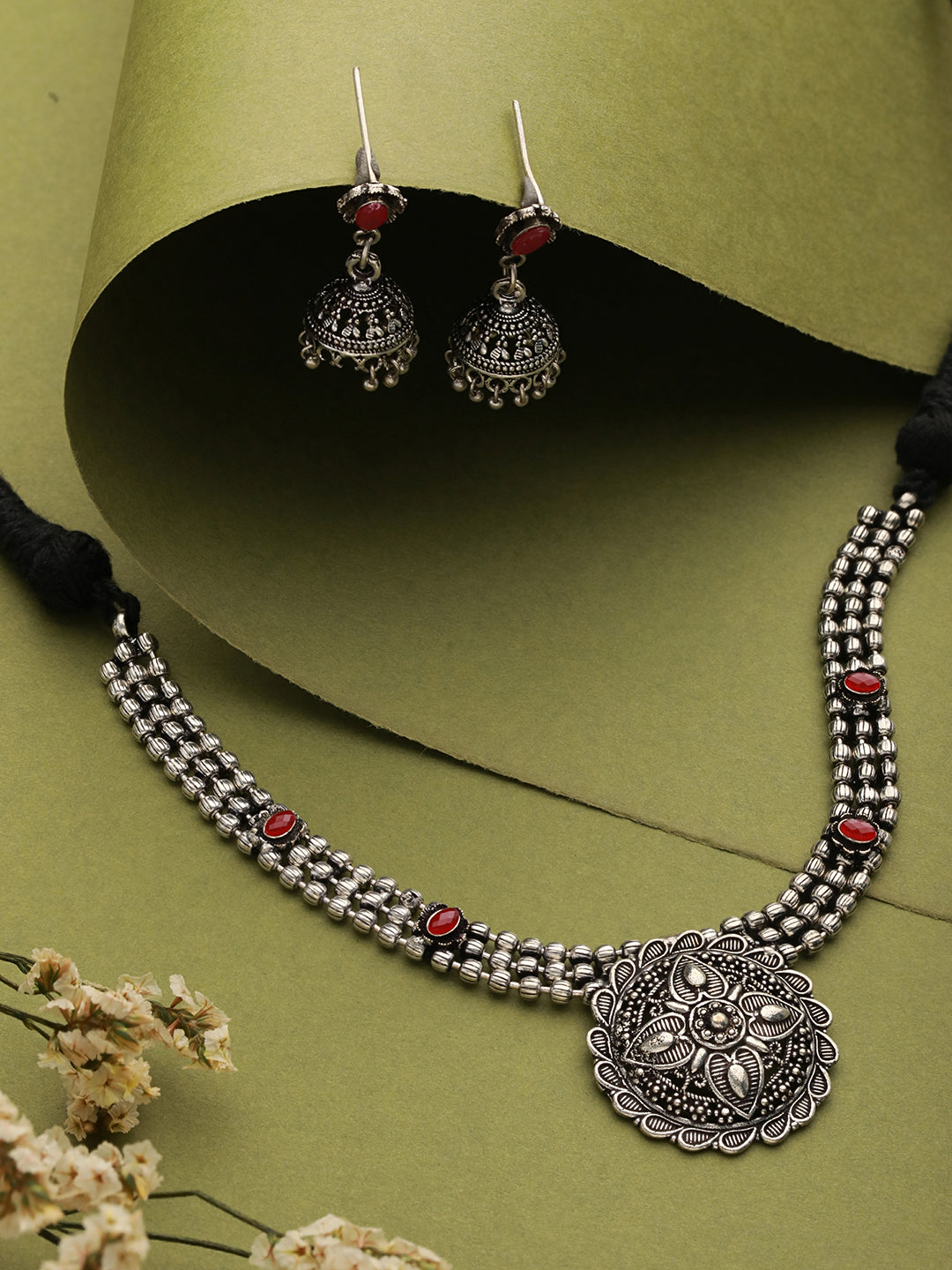 Jazz and Sizzle Oxidized Silver-Plated Red Stone-Studded Jewelry Set - Jazzandsizzle