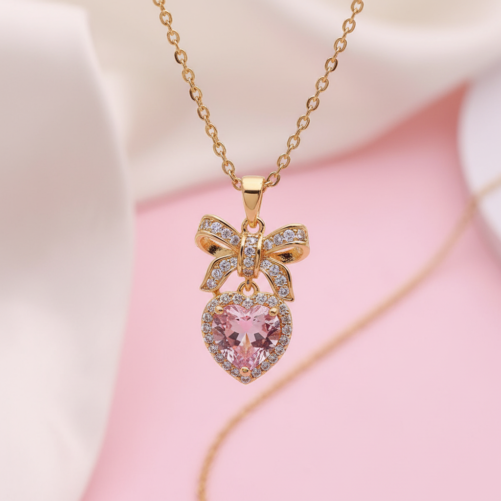 Jazz and Sizzle Pink Heart Bow Pendant Necklace