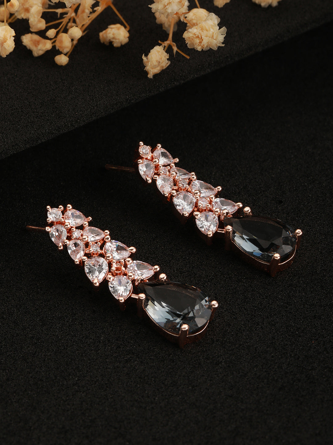 Rose Gold-Plated & Grey AD-Studded Handcrafted Teardrop Drop Earrings - Jazzandsizzle