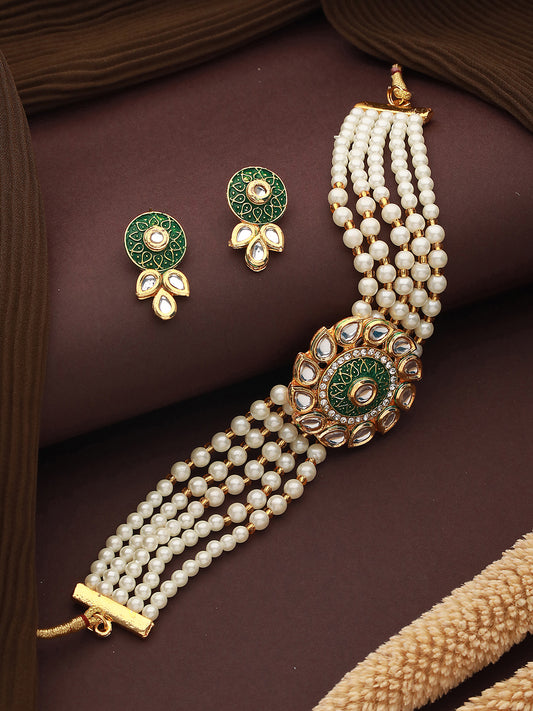 Gold-Plated Kundan-Studded & Beaded Meenakari Necklace & Earrings - Jazzandsizzle