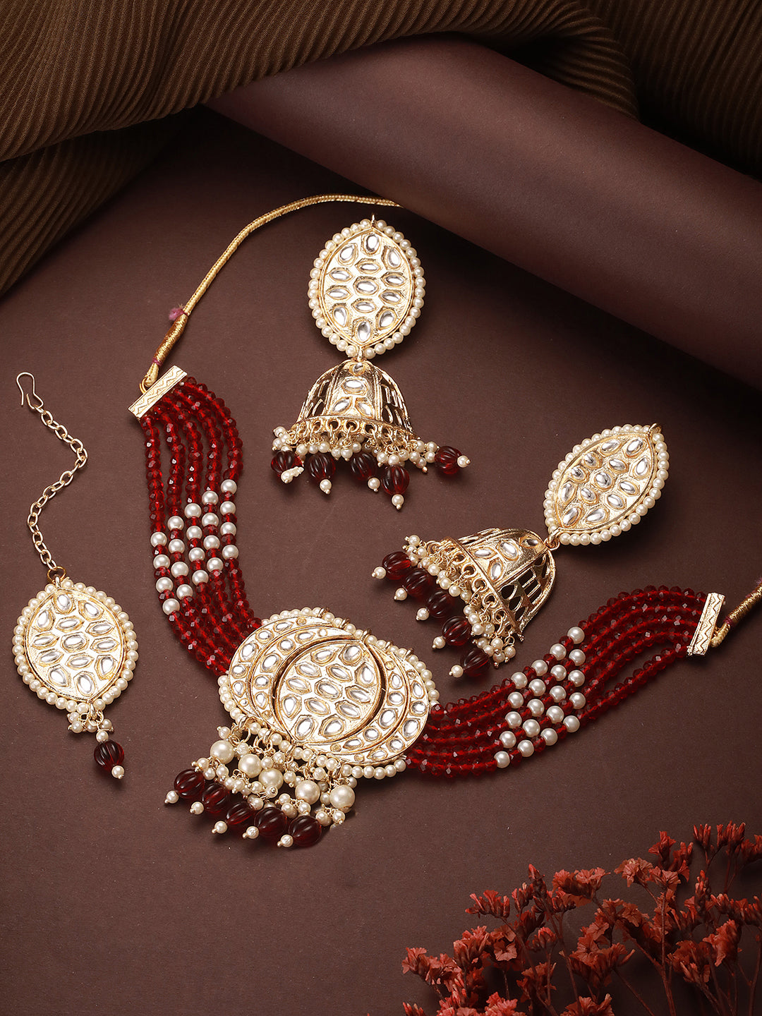 Jazz And Sizzle Gold-Plated Kundan-Studded & Beaded Maroon Necklace & Earrings Set with Maangtikka