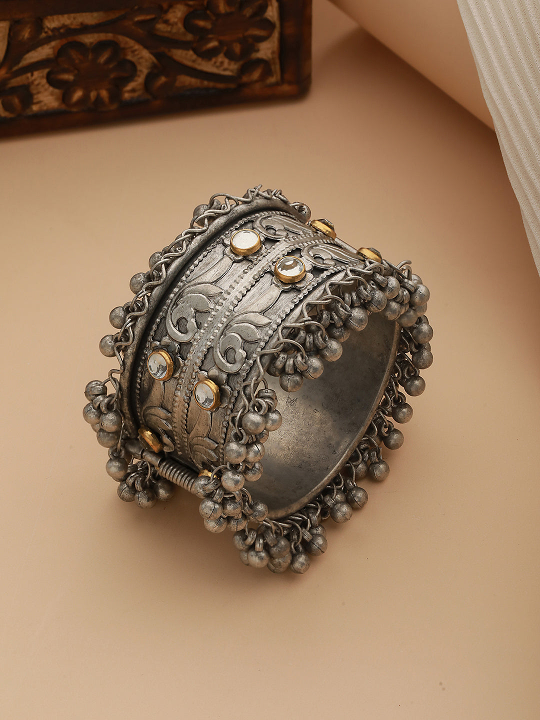 Silver-Plated Oxidised & Kundan Studded Kada Bracelet