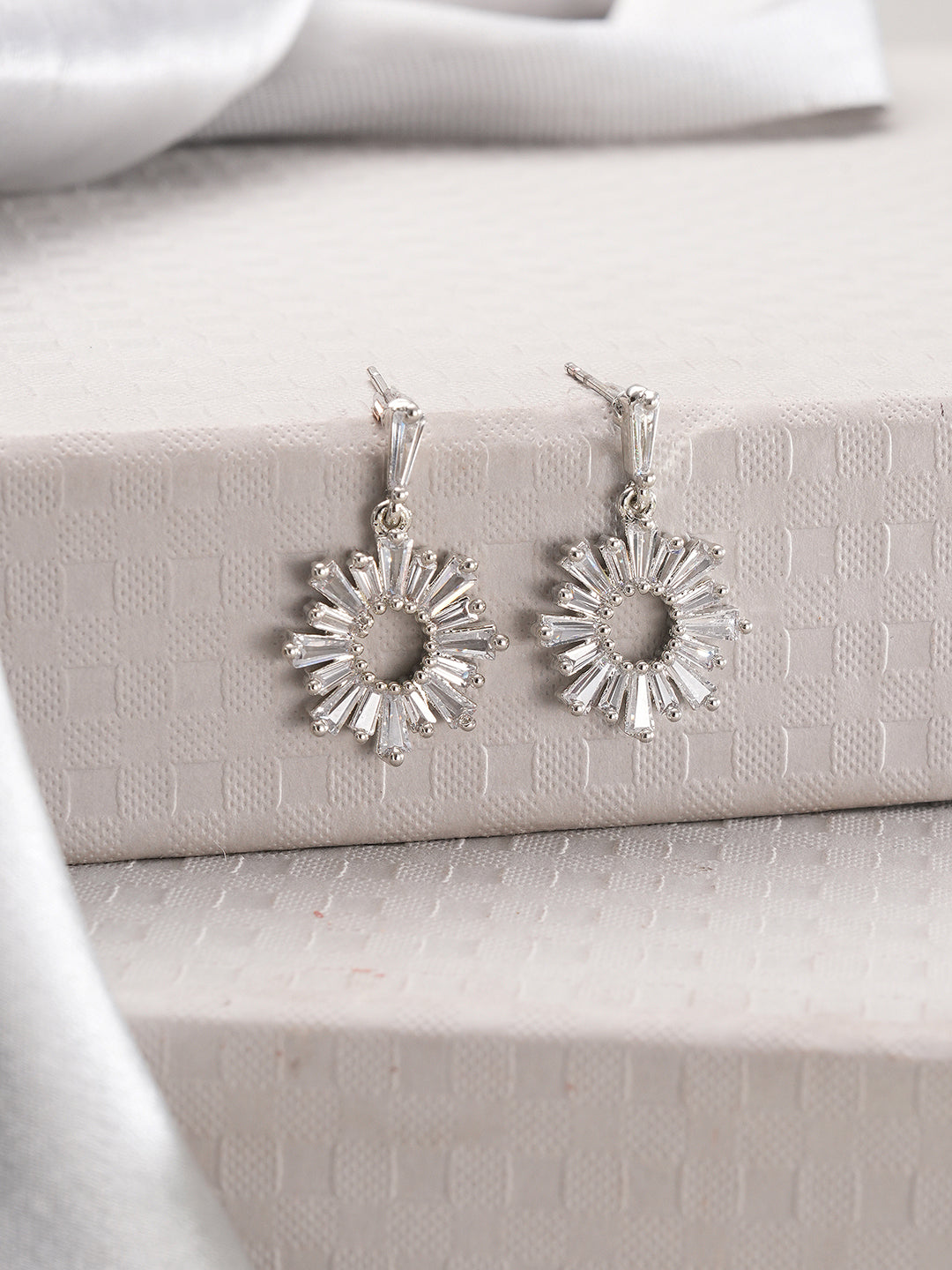 Jazz And Sizzle Rhodium Plated Floral Shaped Circular Drop Earrings