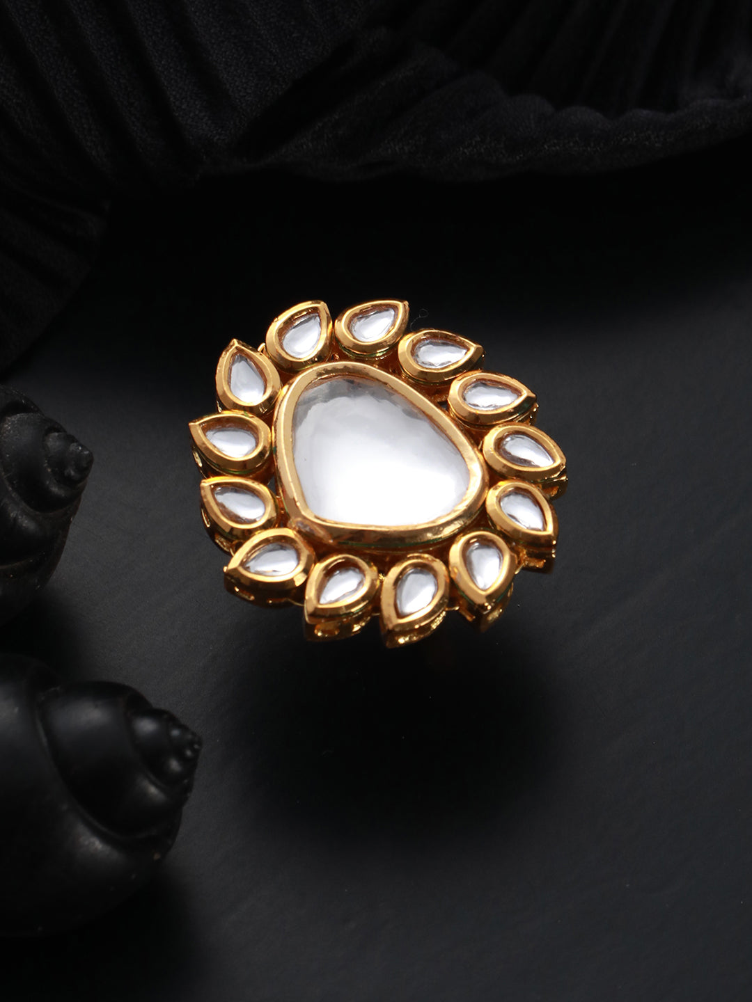 Gold-Plated White Kundan-Studded Handcrafted Adjustable Finger Ring - Jazzandsizzle