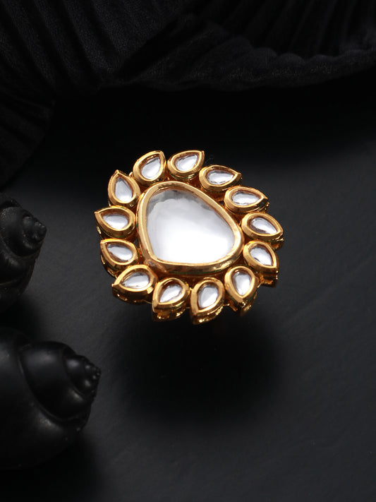 Gold-Plated White Kundan-Studded Handcrafted Adjustable Finger Ring - Jazzandsizzle