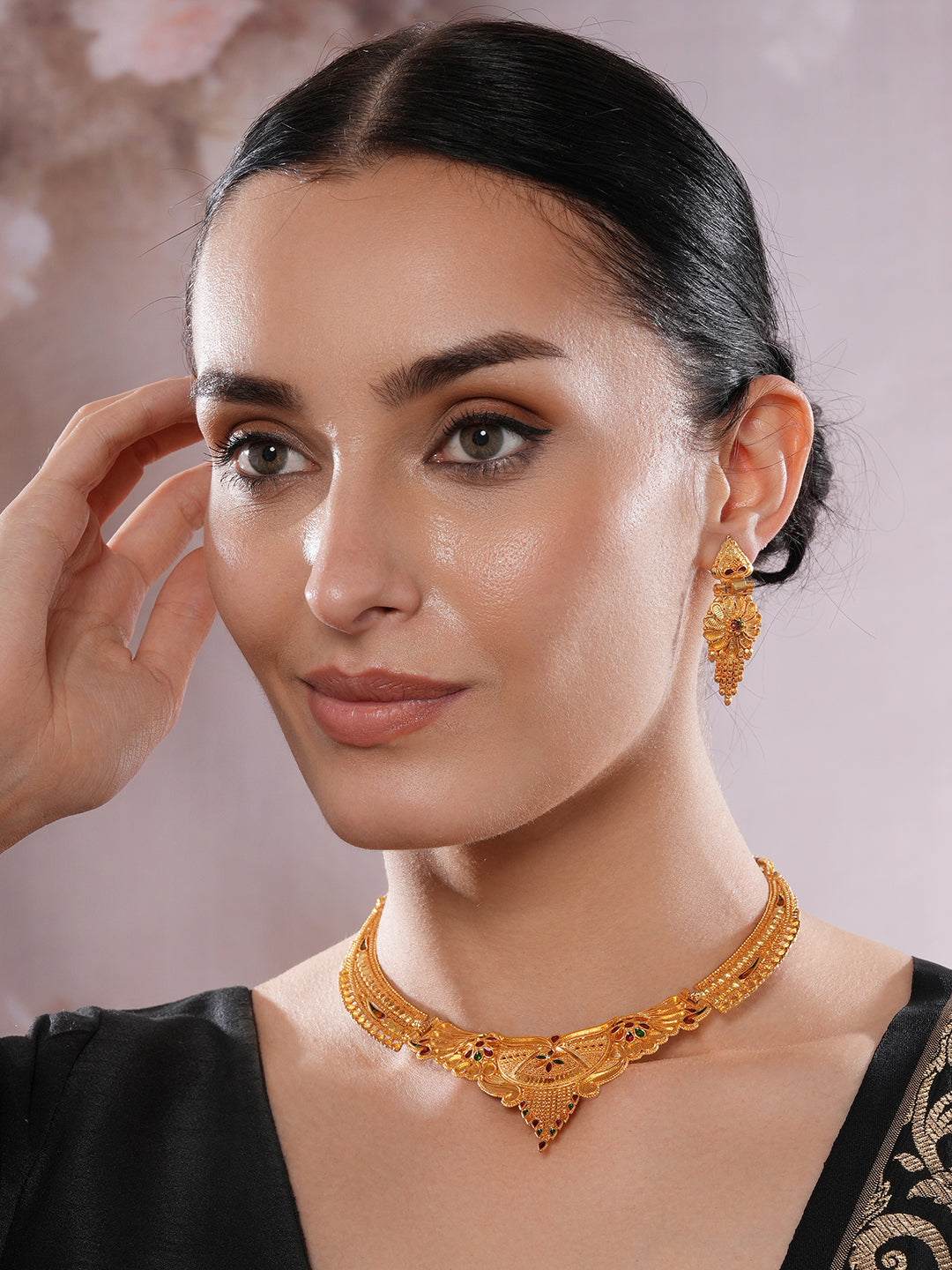 Jazz And Sizzle 22K Gold Plated  Circular Design Necklace Set with Matching Earrings Dubai Style Jewelry Set