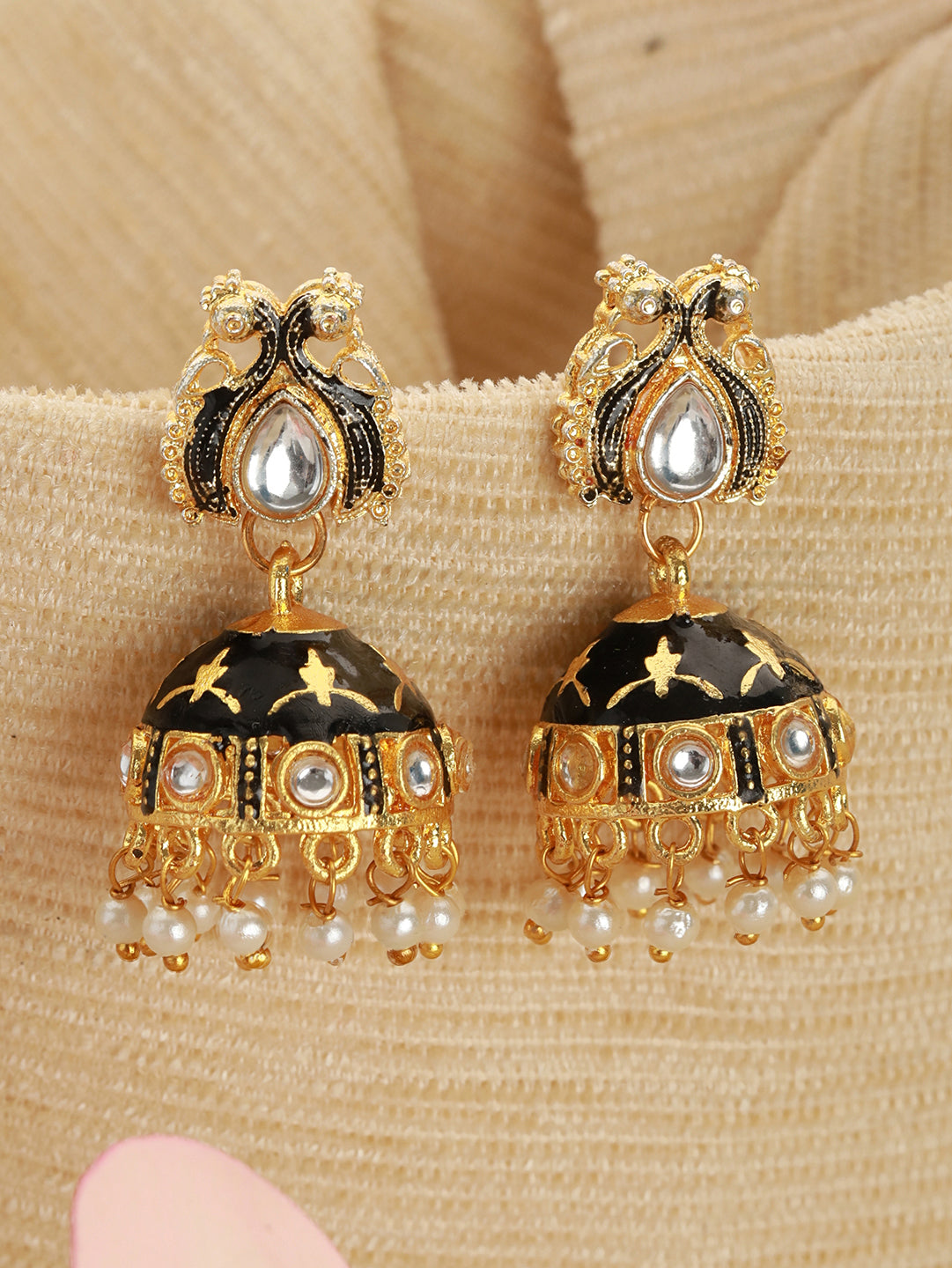 Gold Plated Stone Studded Black Meenakari Jhumka Earrings - Jazzandsizzle