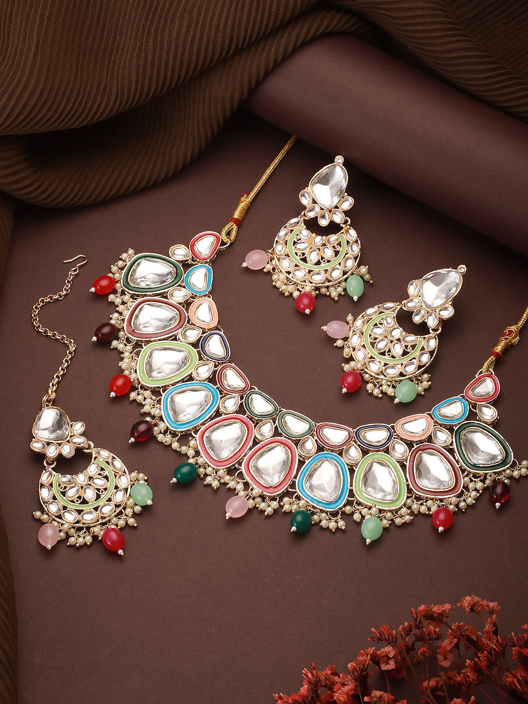Jazz And Sizzle Gold-Plated Multicoloured Stone Studded Jewellery Set With Maangtikka