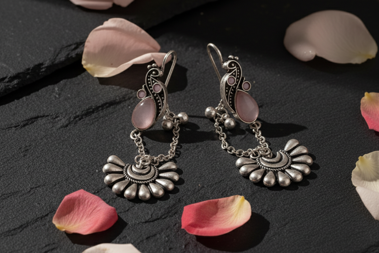 Jazz And Sizzle Silver Plated Artificial Pink Stone Studded & Beaded Peacock Ear Cuff