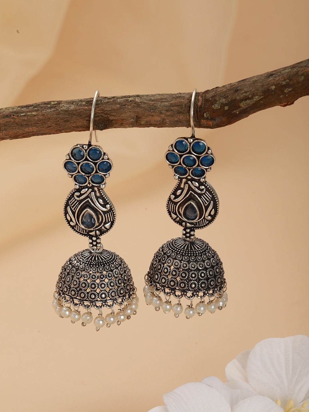 Oxidized Silver-Plated Blue Stone Studded Dome Shaped Jhumkas - Jazzandsizzle