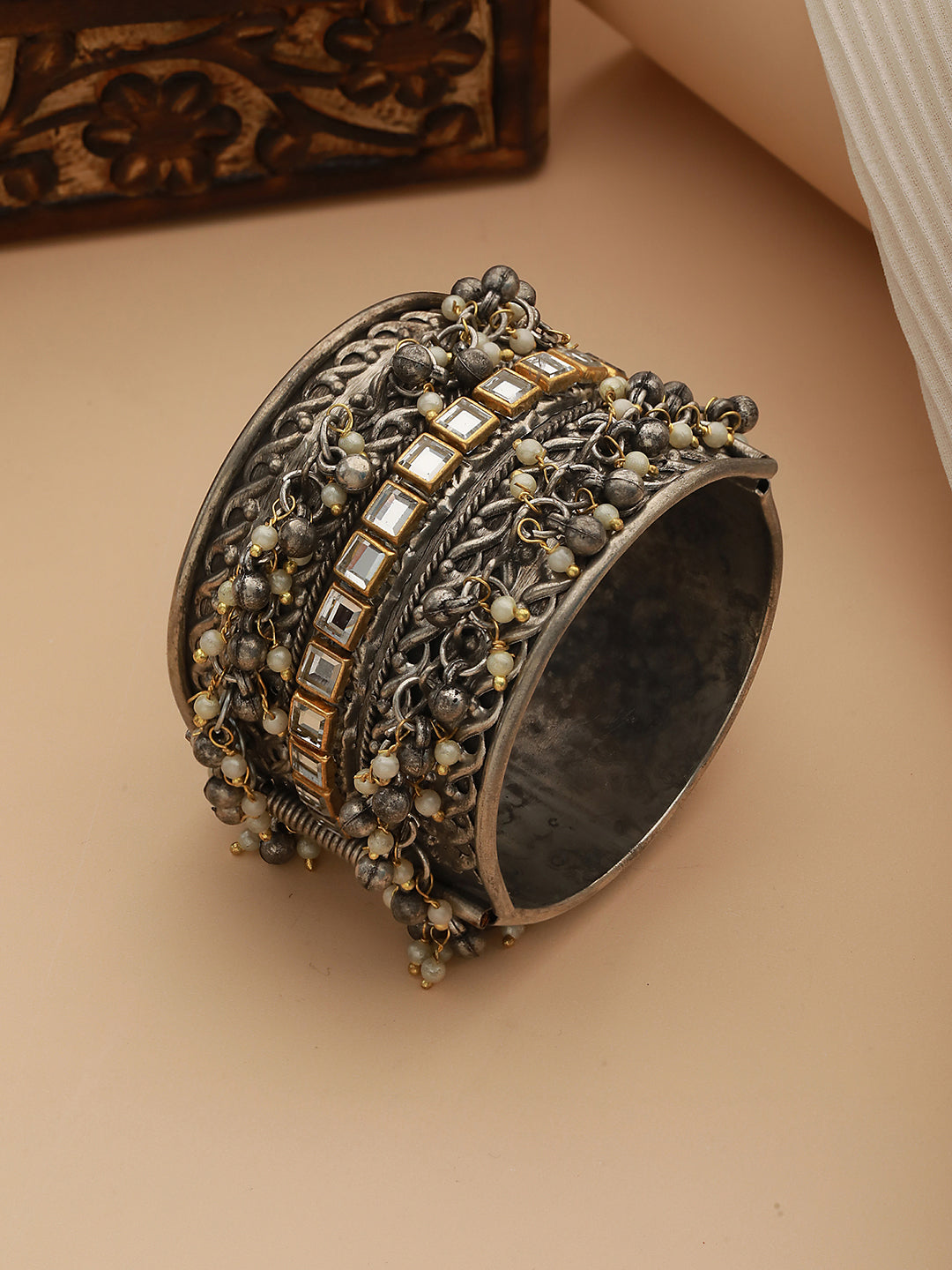 Silver-Plated Oxidised Kundan Studded & Pearl Beaded Bangle-Style Bracelet - Jazzandsizzle