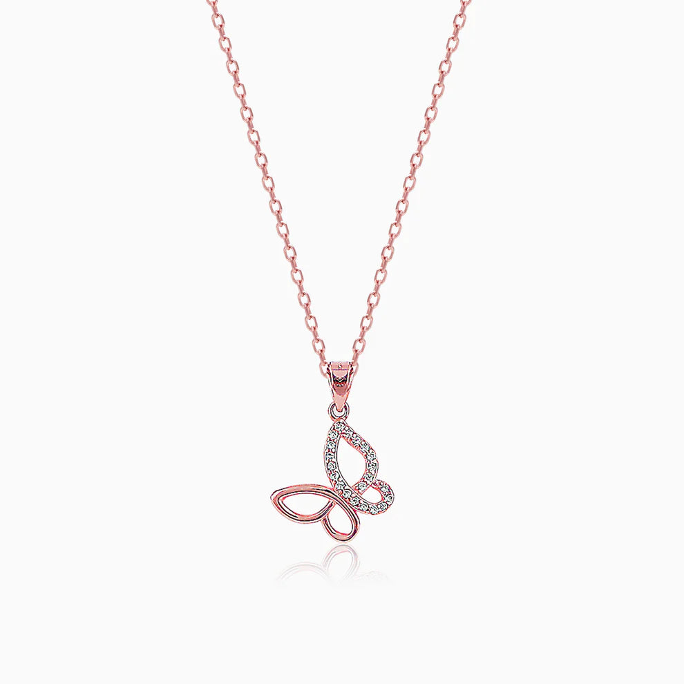 Rose Gold Zircon-Studded Butterfly Pendant With Link Chain