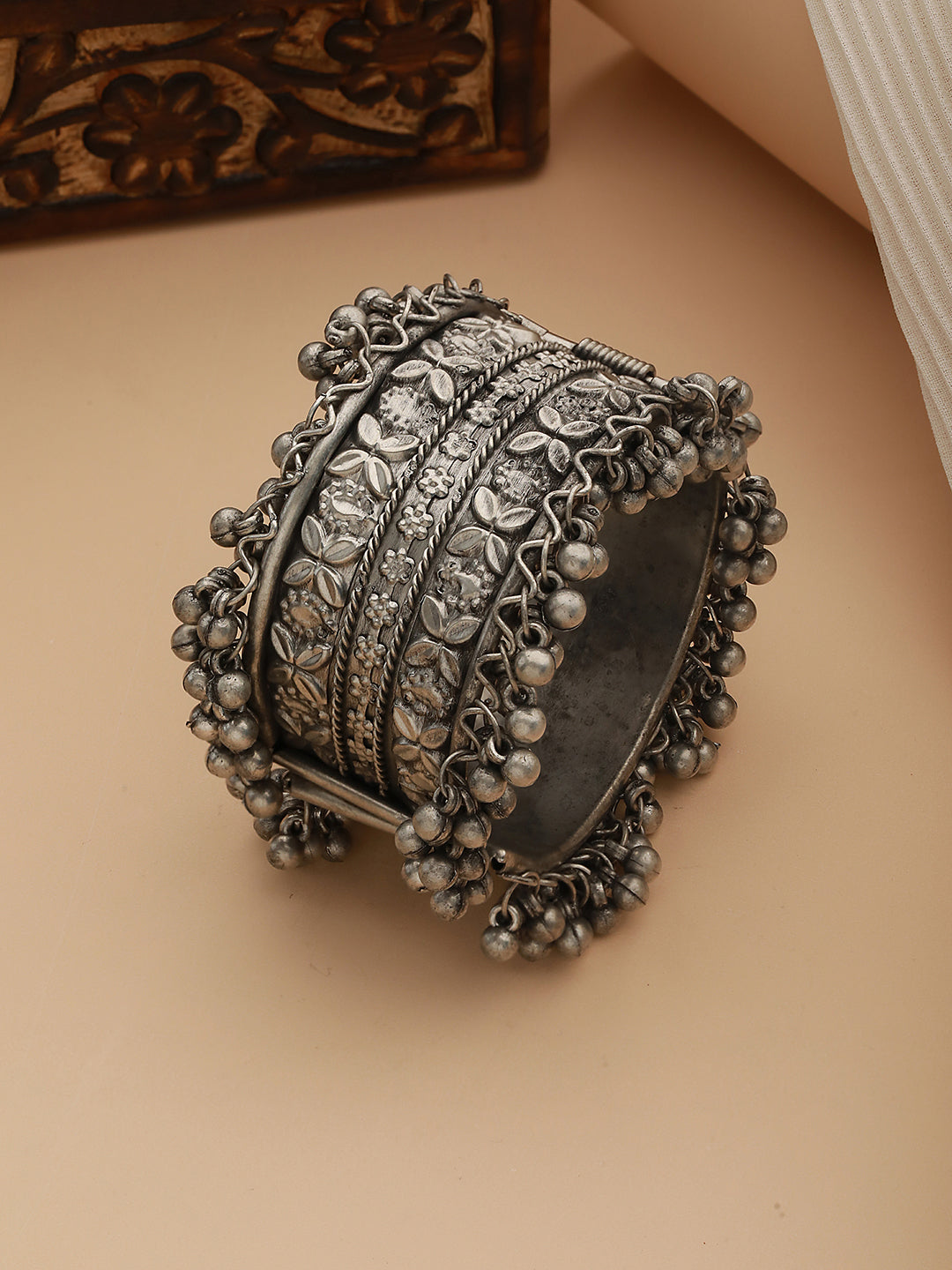 German Silver Oxidised Silver-Plated Floral Textured Bangle-Style Bracelet - Jazzandsizzle