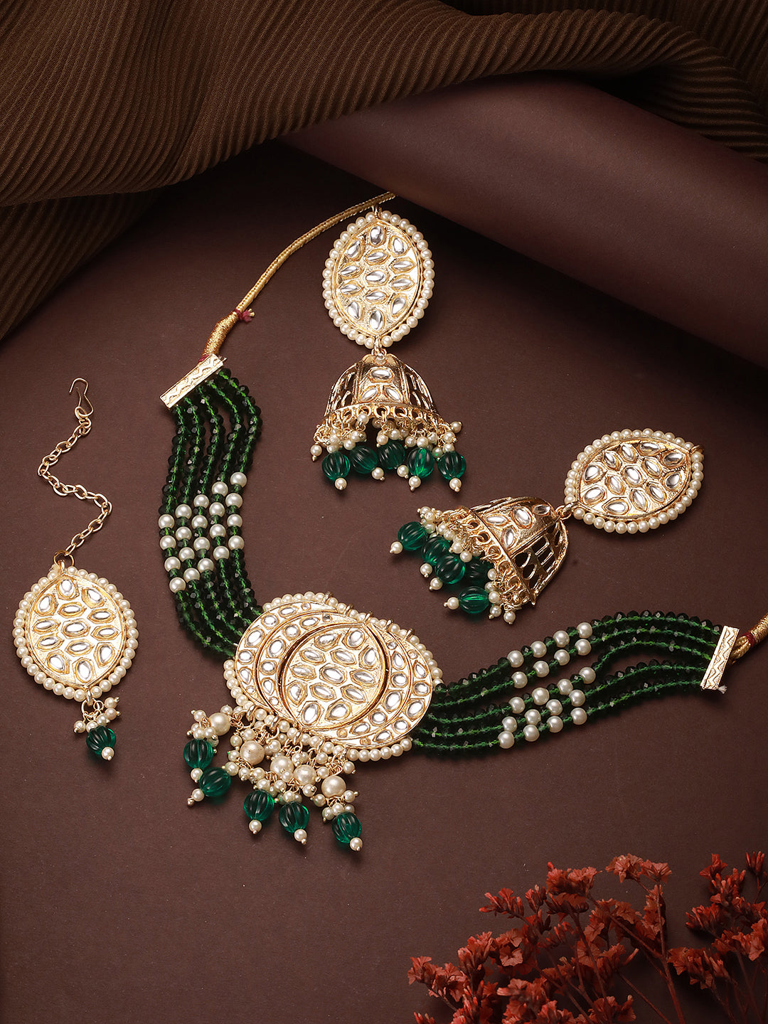 Jazz And Sizzle Gold-Plated Kundan-Studded & Beaded Necklace & Earrings Set with Maangtikka