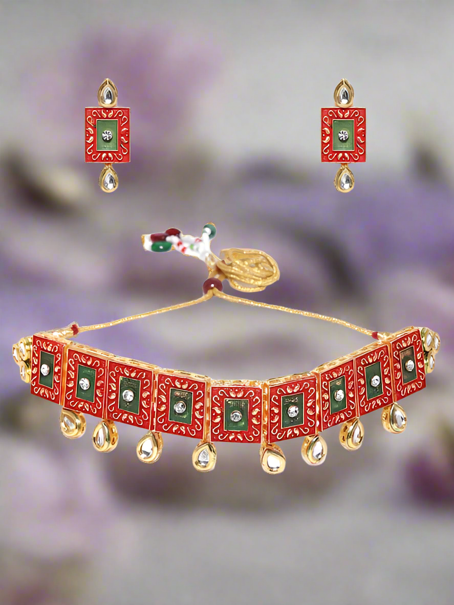 Gold-Plated Kundan-Studded & Beaded Meenakari Jewellery Set