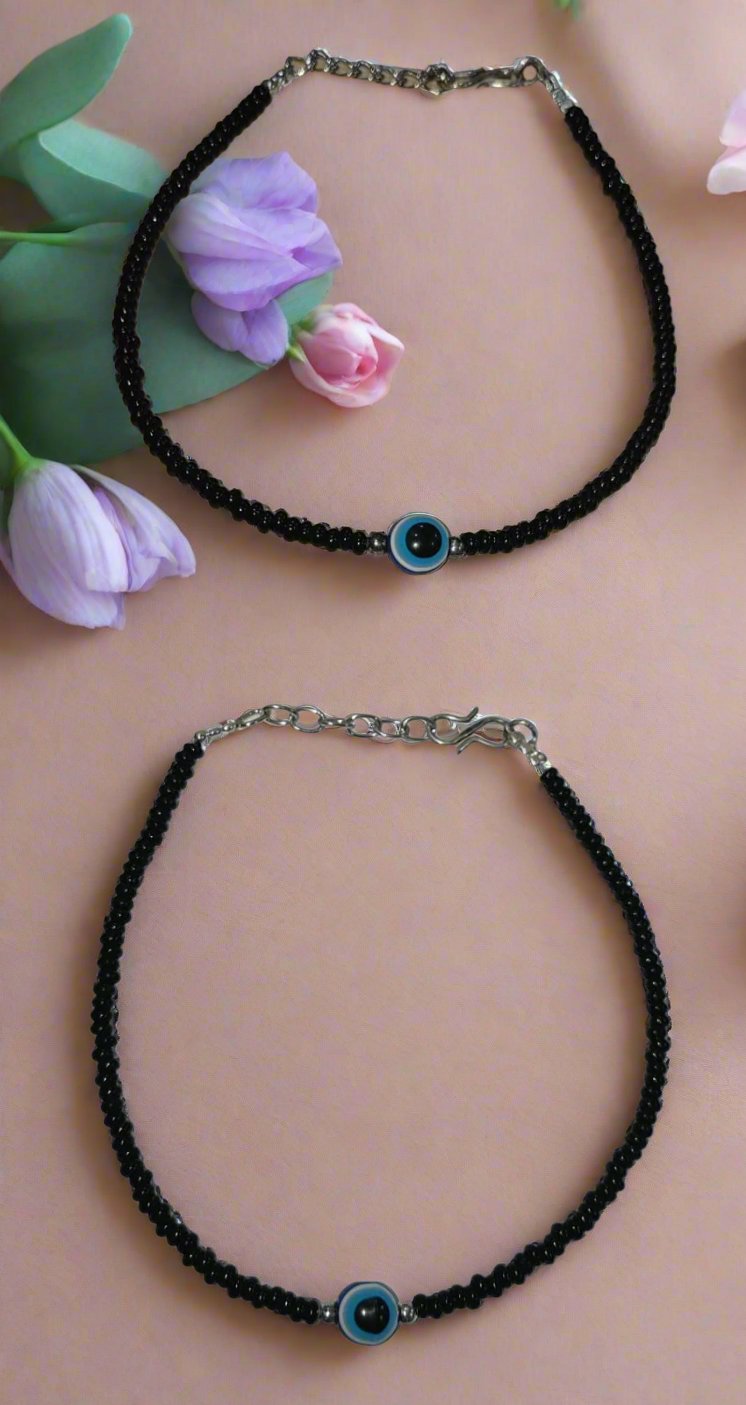 Jazz And Sizzle Silver Black Beads Silver Plated Traditional Evil Eye Anklets