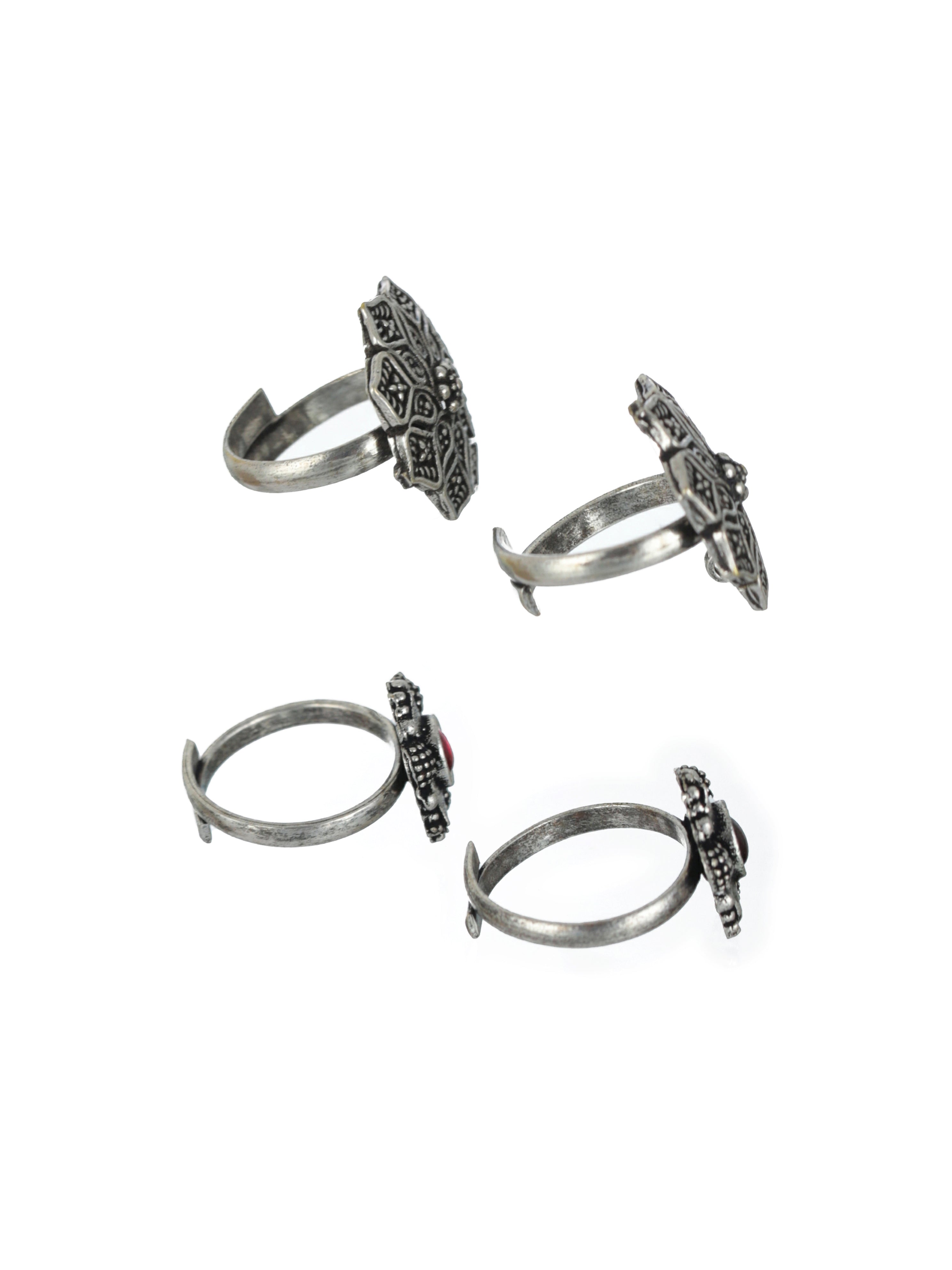 Set of 2 Silver-Plated Stone-Studded Oxidised Toe Rings - Jazzandsizzle