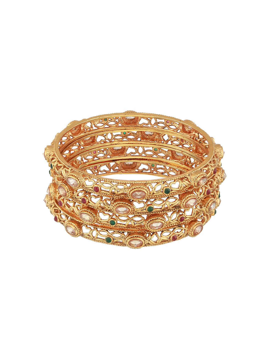 Set Of 4 24CT Gold-Plated Stone-Studded Bangles - Jazzandsizzle