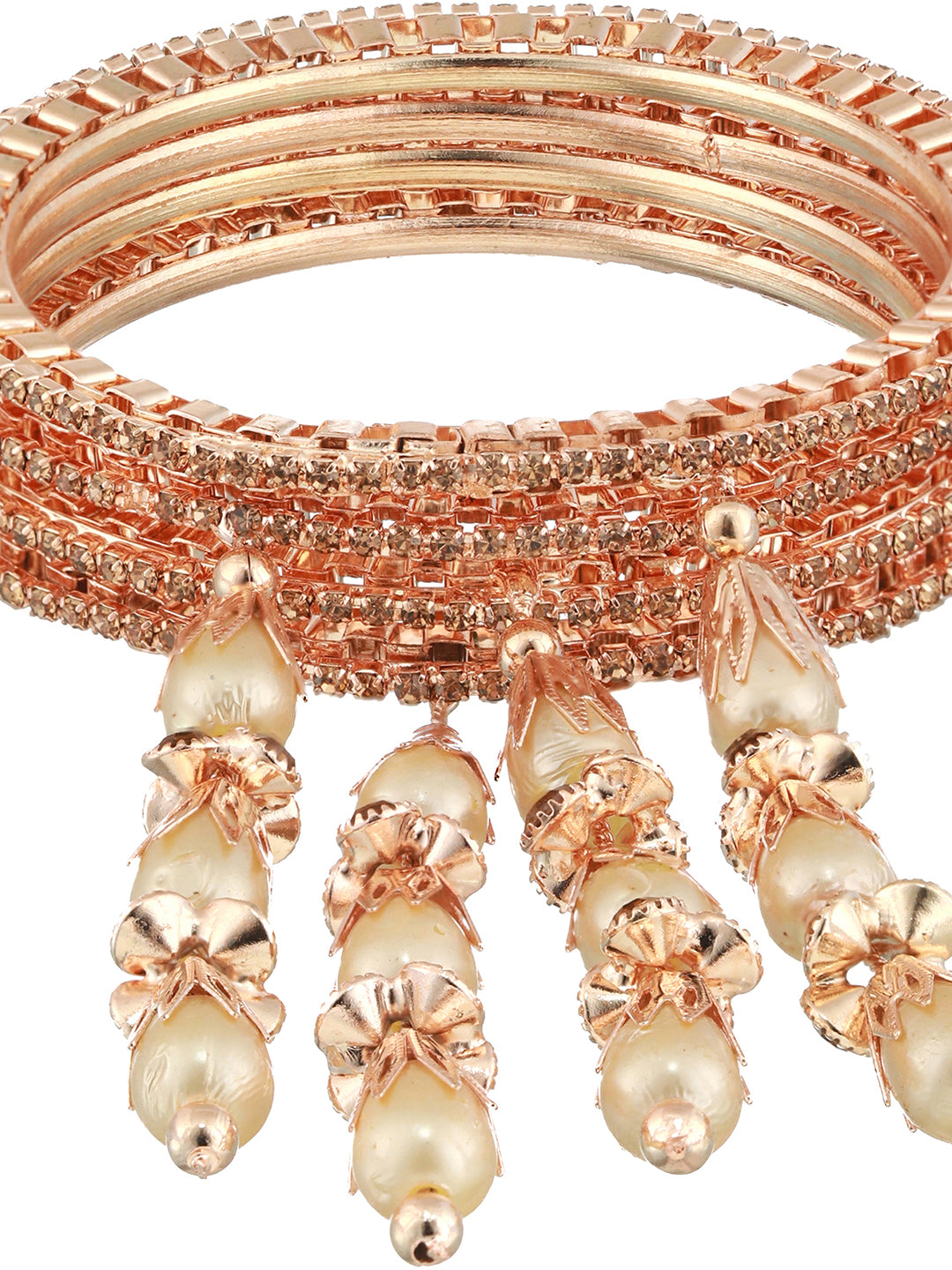 Set Of 4 Rose Gold-Plated Crystal Studded & Beaded Bangles - Jazzandsizzle