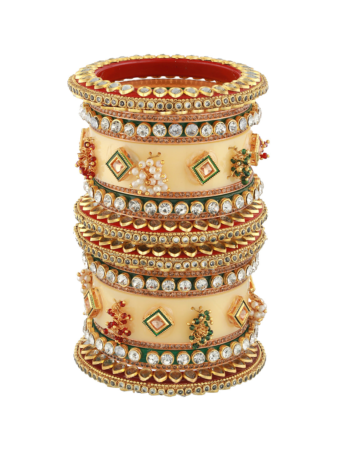 Set Of 18 Gold Plated Stones & Beads-Studded Bangle Set - Jazzandsizzle