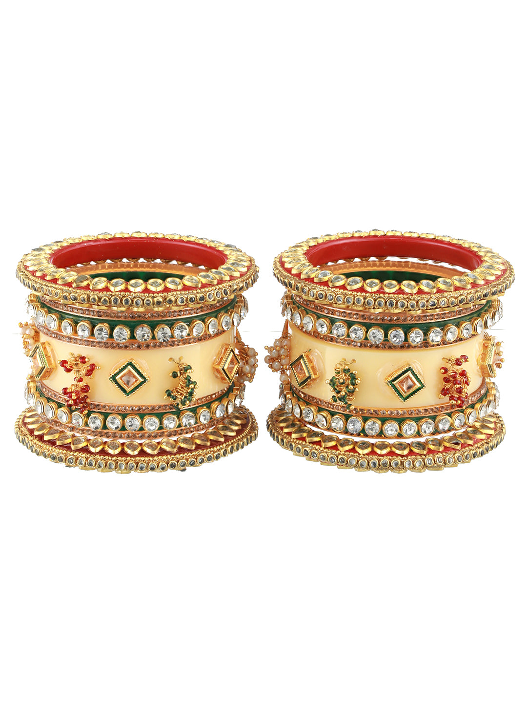 Set Of 18 Gold Plated Stones & Beads-Studded Bangle Set - Jazzandsizzle