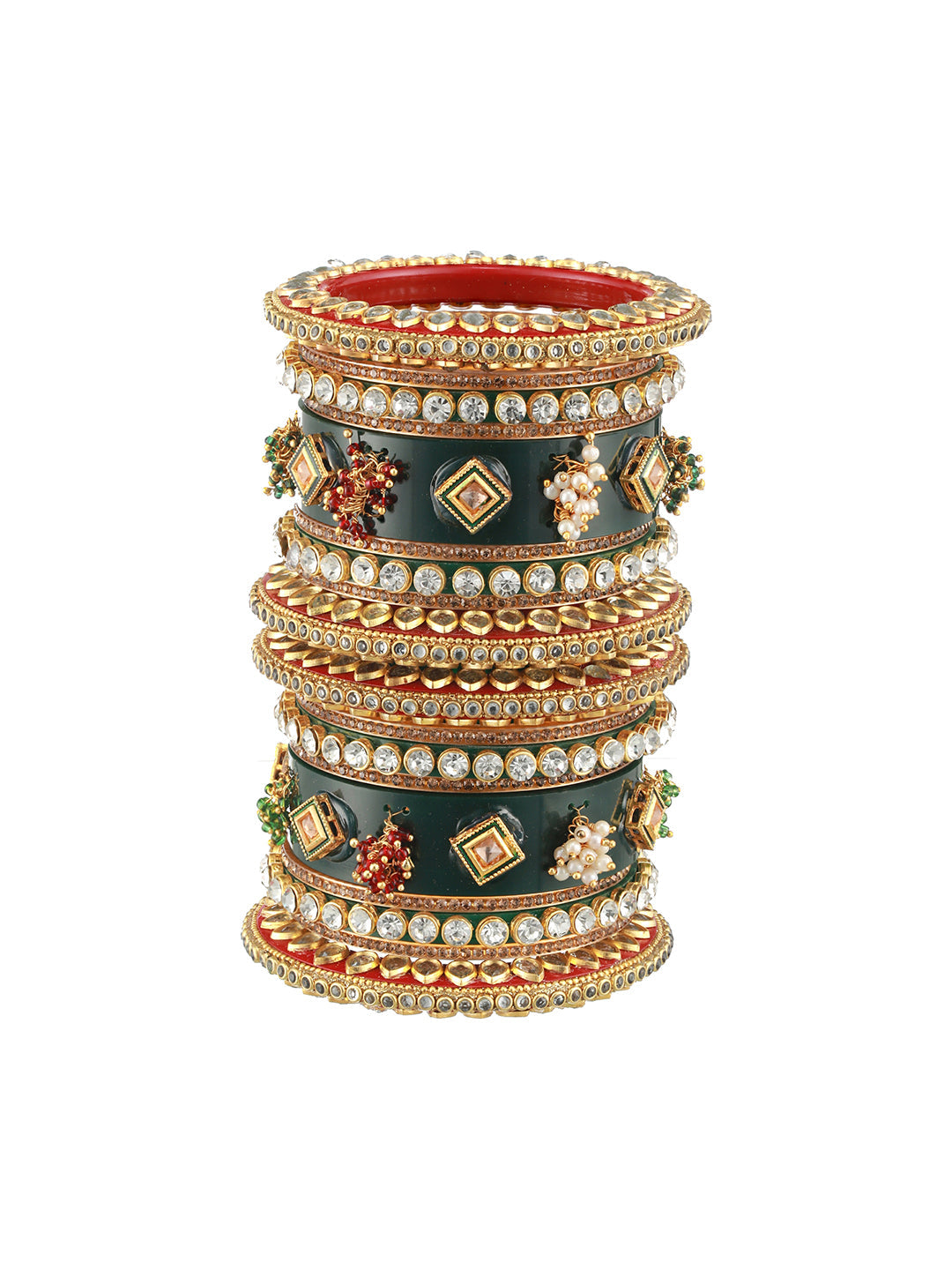 Set of 18 Gold-Plated Stone-Studded & Beaded Green Chuda Bangles - Jazzandsizzle
