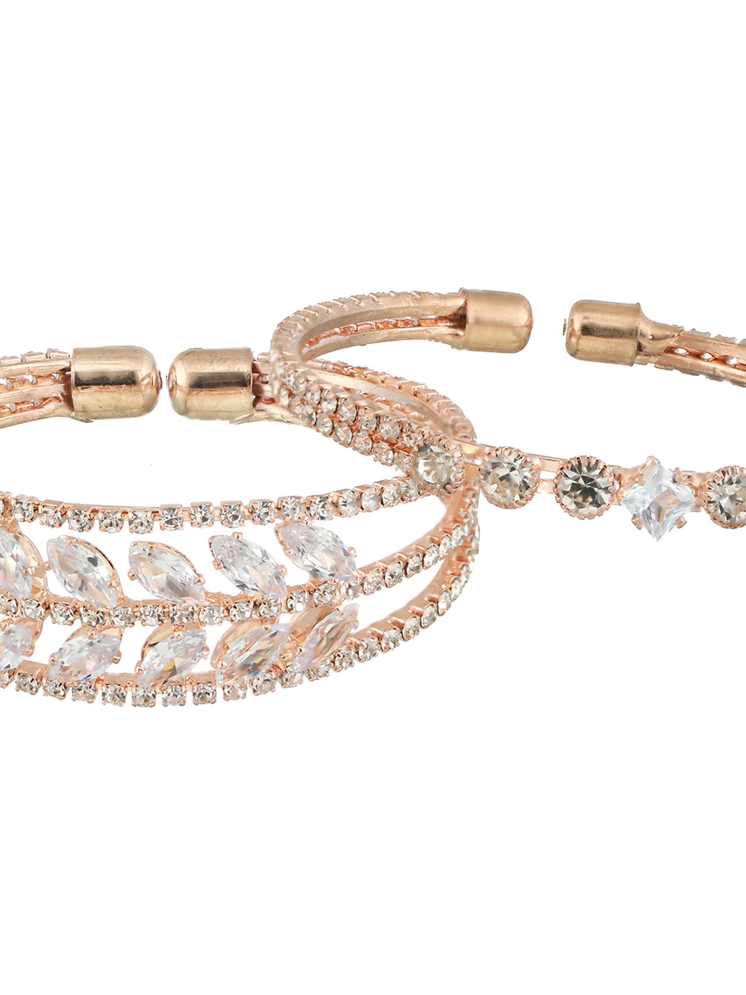 Jazz And Sizzle Set Of 2 Rose Gold-Plated White Crystal Studded Bangle Style Cuff Bracelet - Jazzandsizzle