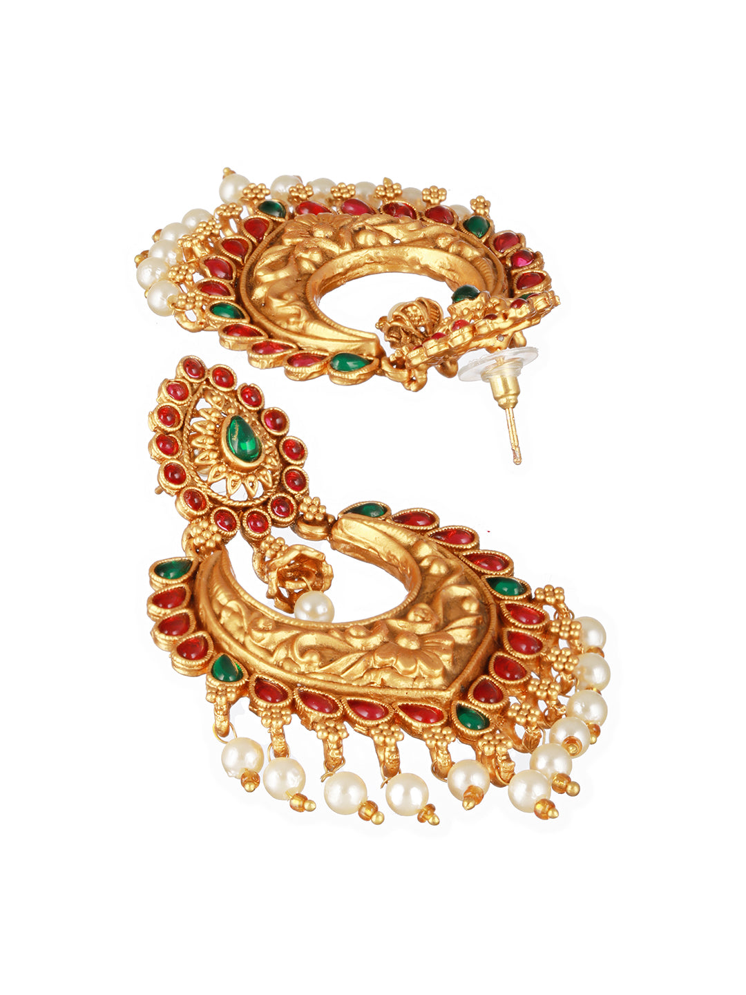 Jazz And Sizzle Gold-Plated Green &amp; Pink Stone studded &amp; pearls Drop Crescent Shaped Chandbalis