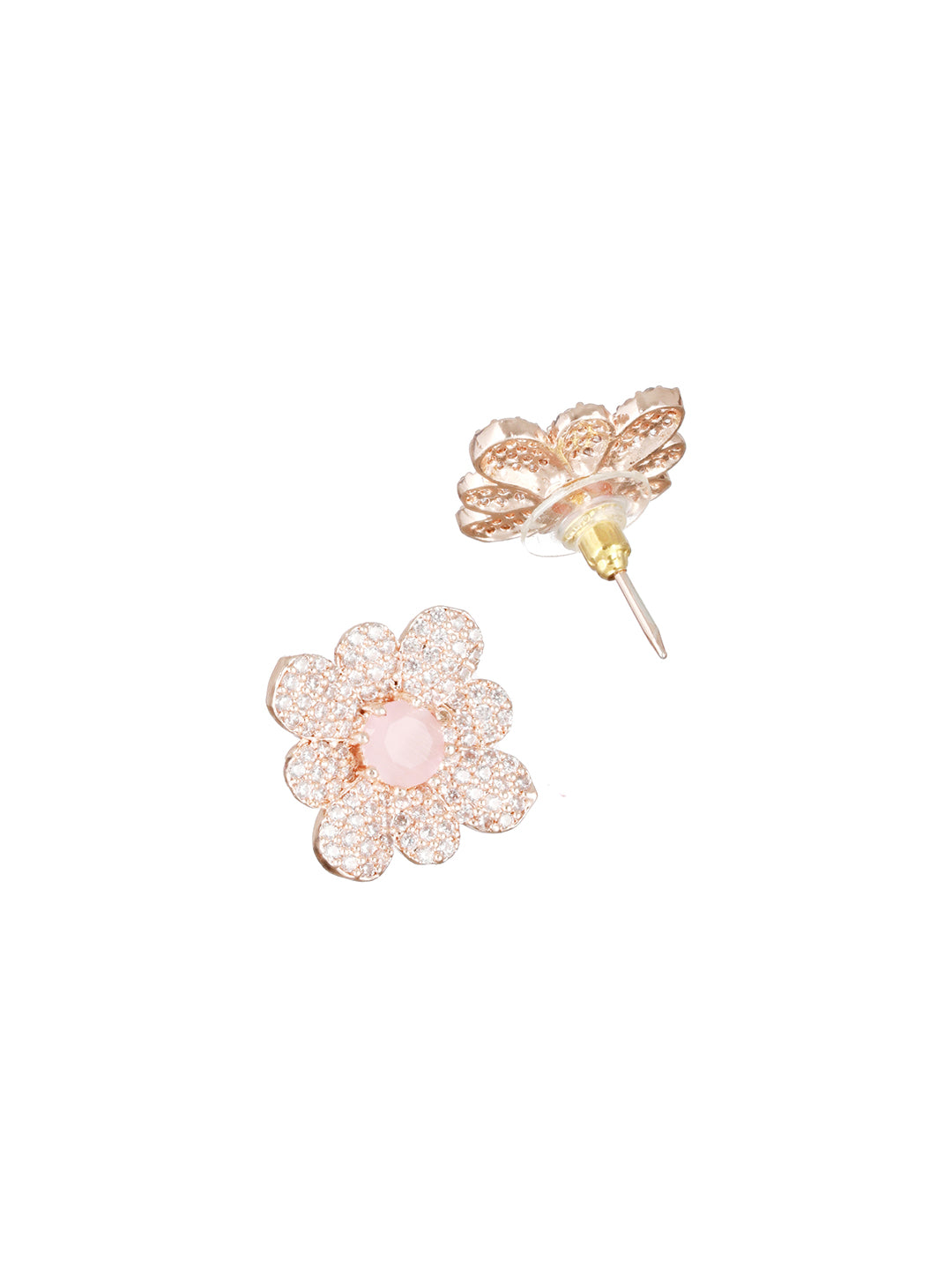 Rose Gold Plated & Pink AD-Studded Floral Studs Earrings - Jazzandsizzle