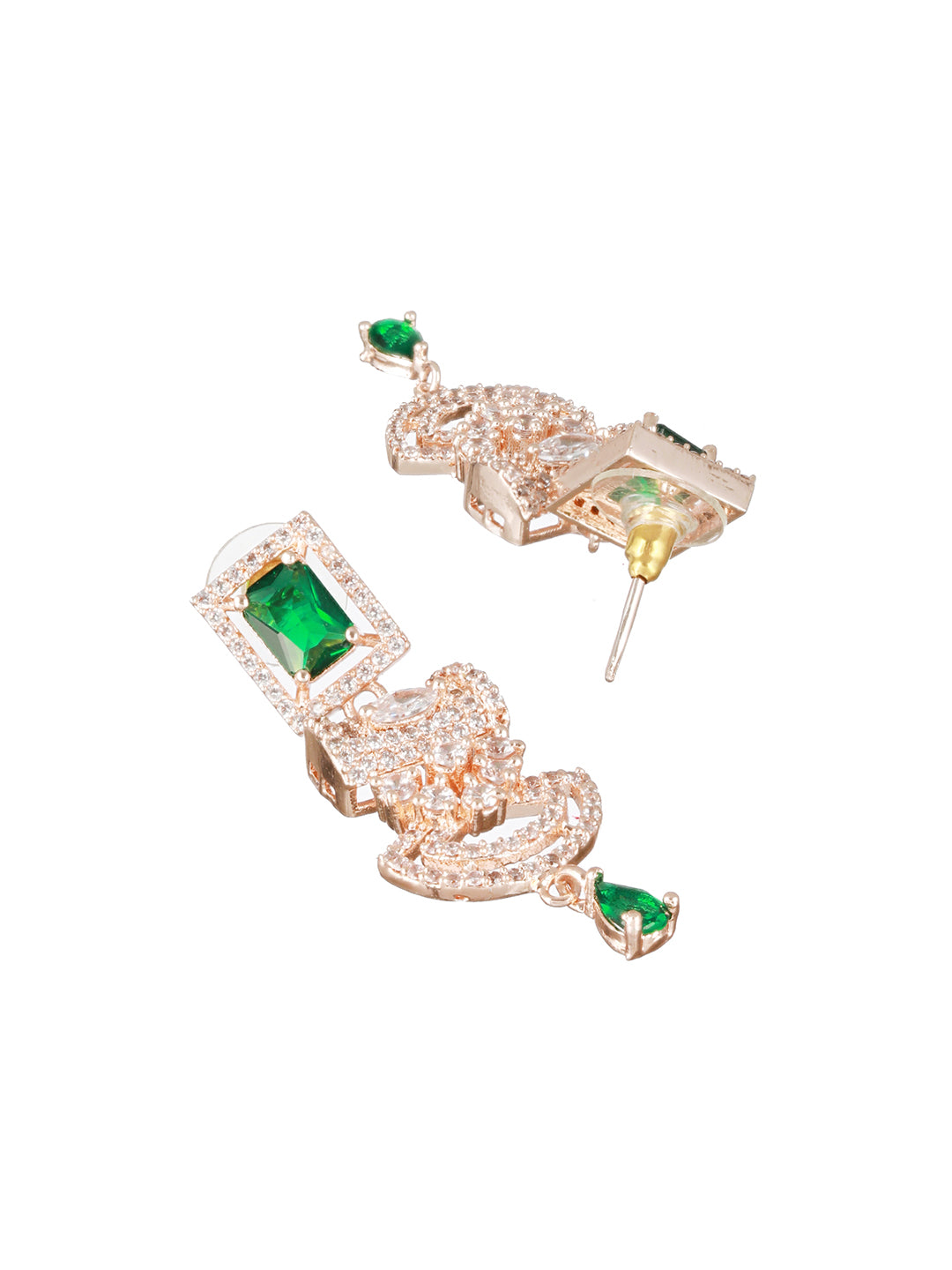 Green & Rose Gold Plated AD Studded Rectangular Drop Earrings - Jazzandsizzle