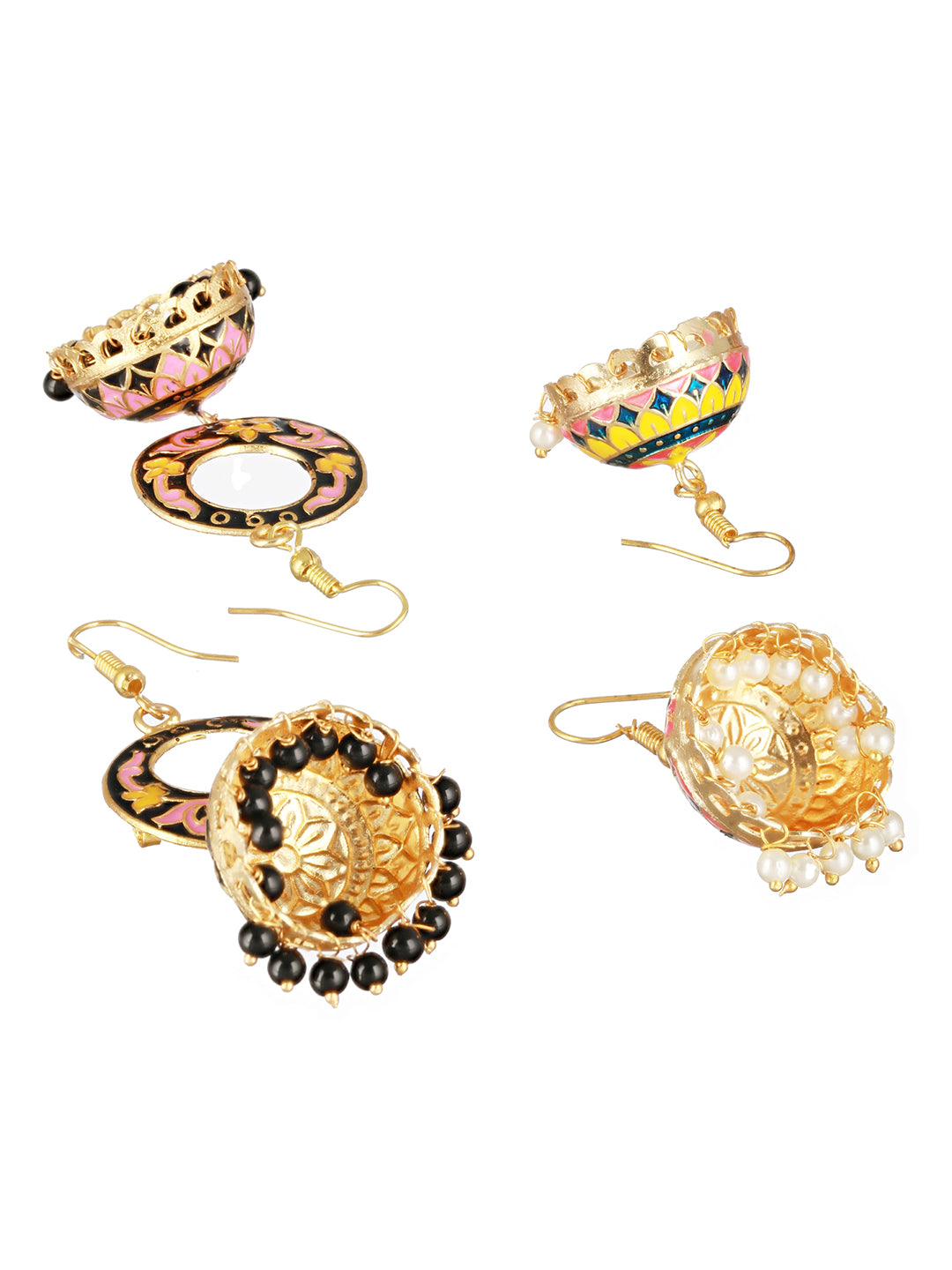 Set OF 2 Pink & Yellow Gold Plated Contemporary Meenakari Jhumkas Earrings - Jazzandsizzle