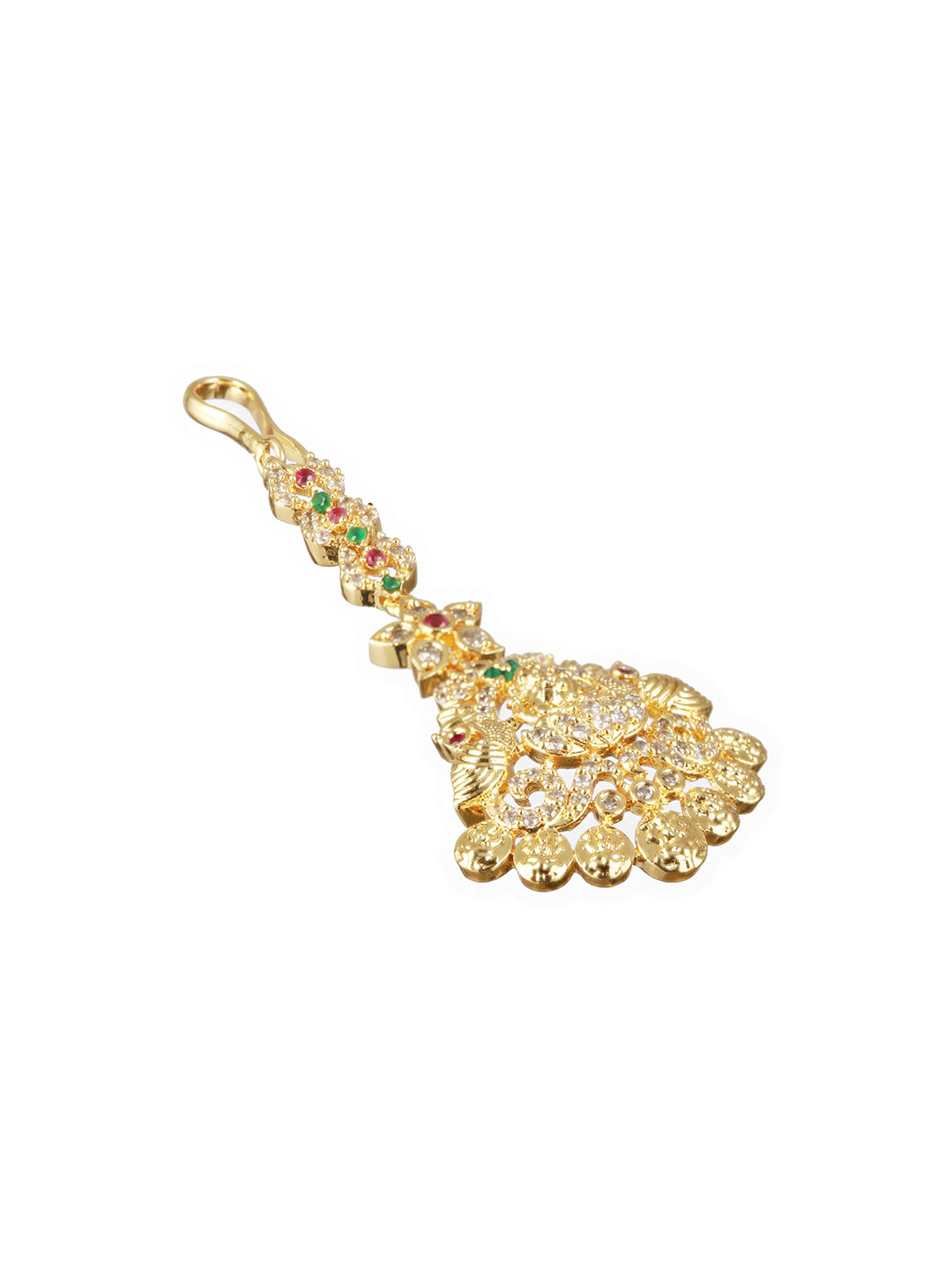 Gold-Plated White & Red AD studded & Pearl Peacock Maang Tikka - Jazzandsizzle