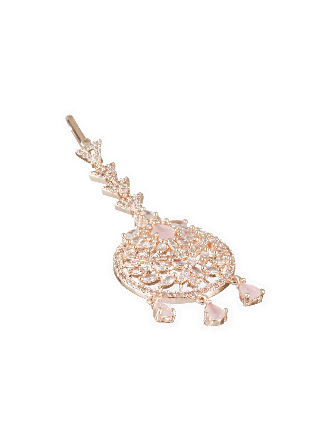 Rose Gold-Plated Pink & White AD-Studded Handcrafted Maang Tikka