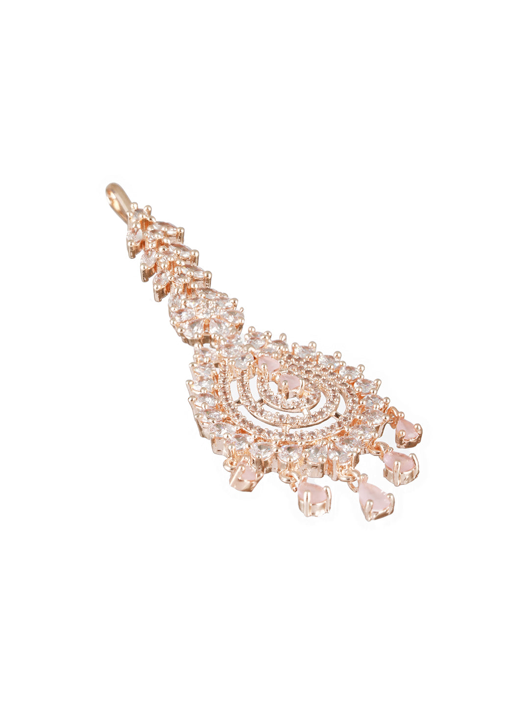 Rose Gold-Plated White CZ & Pink AD-Studded Handcrafted Maang Tikka - Jazzandsizzle