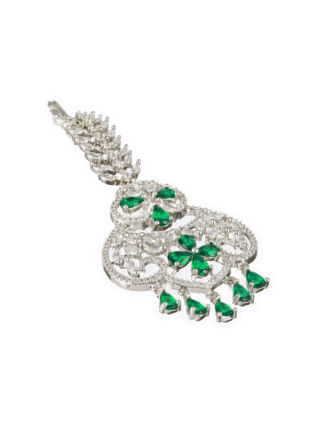 Silver-Plated & Green American Diamond & White CZ-Studded Handcrafted Maang Tikka - Jazzandsizzle