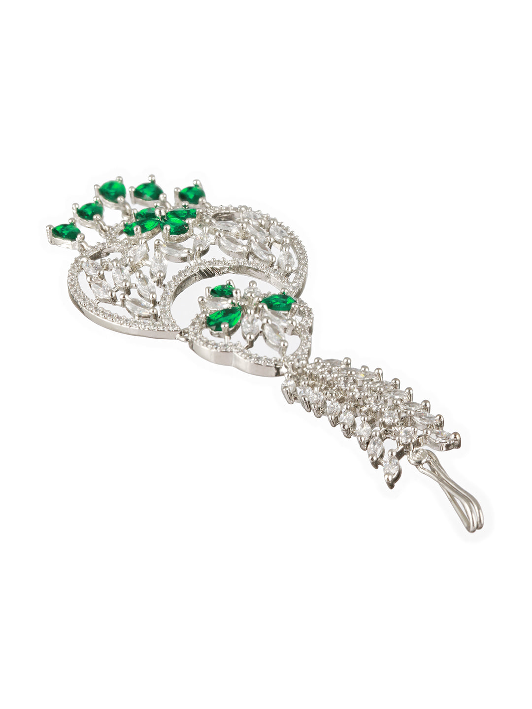 Silver-Plated & Green American Diamond & White CZ-Studded Handcrafted Maang Tikka - Jazzandsizzle