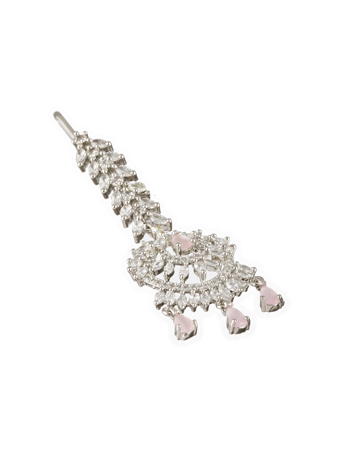 Rhodium-Plated Pink & White AD Studded Maang Tikka - Jazzandsizzle